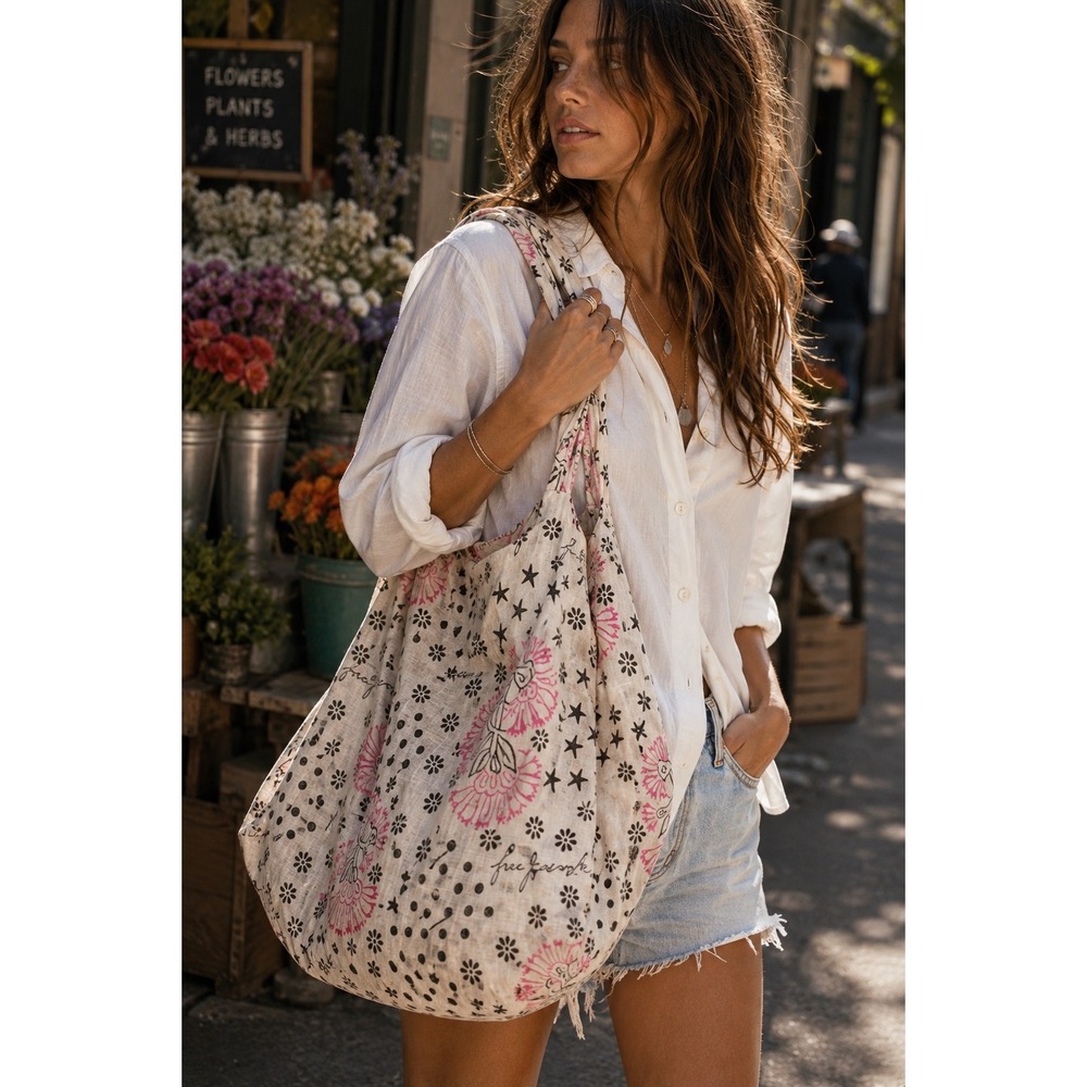 Free People Oversized Gauze Floral Boho Slouchy Tote Bag Pink Cream